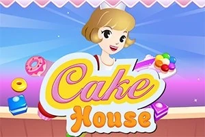Ilustración de una joven sonriente sosteniendo dulces frente a un letrero que dice Cake House con un fondo colorido