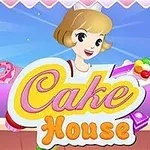 Ilustración de una joven sonriente sosteniendo dulces frente a un letrero que dice Cake House con un fondo colorido