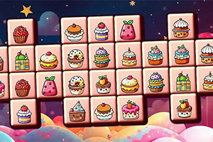Iconos de postres y pasteles en un tablero de juego con fondo colorido de nubes y estrellas