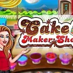 Una mujer sonriente junto a un letrero colorido que dice Cake Maker Shop con un pastel decorado al frente y un fondo de tienda de pasteles