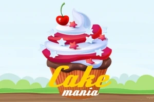 Cupcake decorado con crema blanca y roja, estrellas azules y rojas, una cereza encima, y las palabras Cake mania en primer plano