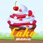 Cupcake decorado con crema blanca y roja, estrellas azules y rojas, una cereza encima, y las palabras Cake mania en primer plano