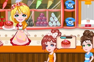 Personajes animados en una pastelería con vitrinas de dulces y clientes esperando ser atendidos
