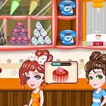 Personajes animados en una pastelería con vitrinas de dulces y clientes esperando ser atendidos