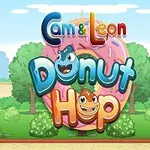 Dos personajes animados sonrientes sobre un donut rosa, con un parque y árboles de fondo