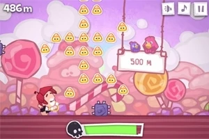 Personaje en un mundo de dibujos animados con temática de dulces, rodeado de caramelos y figuras triangulares amarillas, y un letrero que indica 500 M con dos pájaros sentados
