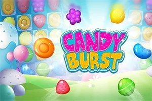 Colores llamativos con dulces flotantes y letras grandes en el centro que dicen Candy Burst
