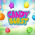 Colores llamativos con dulces flotantes y letras grandes en el centro que dicen Candy Burst