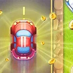 Auto rojo visto desde arriba conduciendo por una carretera rodeada de monedas