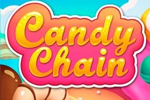 Texto Candy Chain en letras amarillas sobre un fondo rosa con dulces de colores alrededor