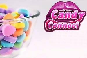 Un recipiente de vidrio lleno de dulces de colores con un logotipo que muestra labios al lado