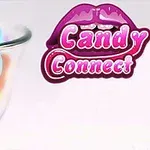 Un recipiente de vidrio lleno de dulces de colores con un logotipo que muestra labios al lado