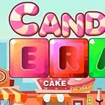 Título colorido Candy Era con fondo de tienda de dulces y pasteles
