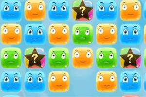 Cuadrados de colores con caras sonrientes y signos de interrogación sobre fondo azul claro