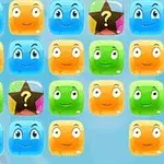 Cuadrados de colores con caras sonrientes y signos de interrogación sobre fondo azul claro