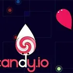 Logotipo con diseño de caramelo en espiral sobre fondo oscuro con formas coloridas flotantes