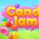 Título colorido Candy Jam con letras amarillas sobre fondo de dulces y cielo azul