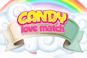 Título colorido Candy Love Match sobre un fondo de nubes con un arcoíris