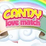 Título colorido Candy Love Match sobre un fondo de nubes con un arcoíris