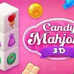 Cubos de caramelos coloridos sobre un fondo rosado con logotipo de Candy Mahjong 3D