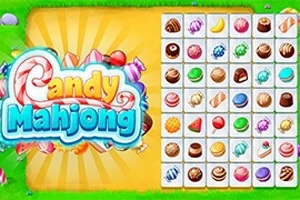 Interfaz colorida con un tablero de fichas ilustradas con diferentes tipos de dulces y un logotipo en letras grandes en el lado izquierdo