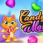 Gato alegre con bufanda junto al texto Candy Match 2 rodeado de caramelos de colores