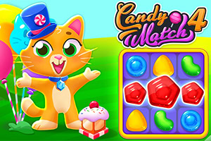 Un gato animado con sombrero de copa y moño junto a un tablero con dulces de colores, globos y un cupcake sobre un regalo