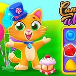 Un gato animado con sombrero de copa y moño junto a un tablero con dulces de colores, globos y un cupcake sobre un regalo