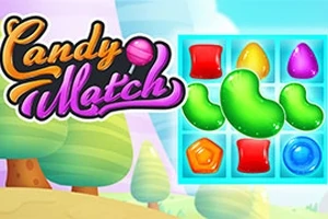 Interfaz colorida de un juego con caramelos de colores y fondo de árboles estilo caricatura
