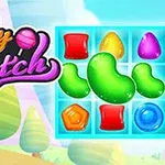 Interfaz colorida de un juego con caramelos de colores y fondo de árboles estilo caricatura