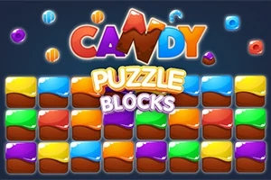 Colores vibrantes con bloques de caramelo y texto que dice Candy Puzzle Blocks