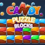 Colores vibrantes con bloques de caramelo y texto que dice Candy Puzzle Blocks