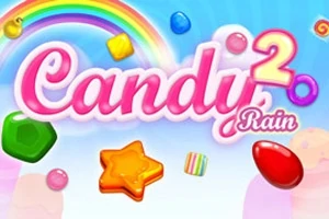 Título Candy Rain 2 con caramelos coloridos y un arcoíris en el fondo azul cielo