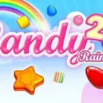 Título Candy Rain 2 con caramelos coloridos y un arcoíris en el fondo azul cielo