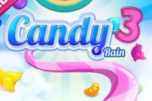 Texto colorido Candy Rain 3 con fondo de dulces y cielo azul