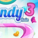Texto colorido Candy Rain 3 con fondo de dulces y cielo azul