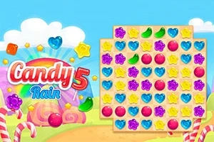 Interfaz colorida de un juego de rompecabezas con caramelos de diferentes formas y colores en un fondo de paisaje dulce