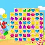 Interfaz colorida de un juego de rompecabezas con caramelos de diferentes formas y colores en un fondo de paisaje dulce