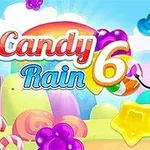 Colorido paisaje de dulces con un caramelo sonriente y el número 6 prominente
