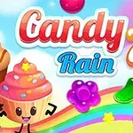 Dulces animados sonrientes, un arcoíris y caramelos coloridos sobre un fondo azul claro