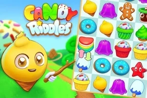 Personaje con cuerpo de cono enseña un tablero de juego con dulces y pasteles de colores vibrantes