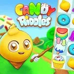 Personaje con cuerpo de cono enseña un tablero de juego con dulces y pasteles de colores vibrantes