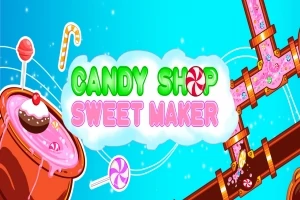 Fondo azul con texto llamativo Candy Shop Sweet Maker, un cupcake, caramelos y tuberías de chocolate vertiendo mezcla rosa
