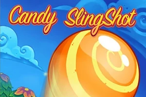 Una gran bola de caramelo anaranjado con rayas blancas sobre un fondo azul con nubes y flores, acompañada del texto Candy Slinger