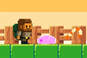 Personaje pixelado con mochila frente a criatura rosada y objeto flotante en entorno de bloques verdes