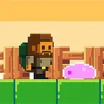 Personaje pixelado con mochila frente a criatura rosada y objeto flotante en entorno de bloques verdes