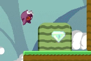 Personaje morado saltando hacia una plataforma verde con un diamante brillante en un entorno de nubes y fondo azul