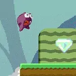 Personaje morado saltando hacia una plataforma verde con un diamante brillante en un entorno de nubes y fondo azul