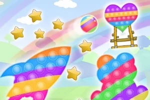 Figuras de colores brillantes con diseño de pop-it y estrellas doradas sobre un fondo de arco iris