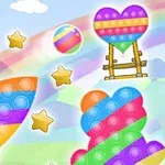 Figuras de colores brillantes con diseño de pop-it y estrellas doradas sobre un fondo de arco iris
